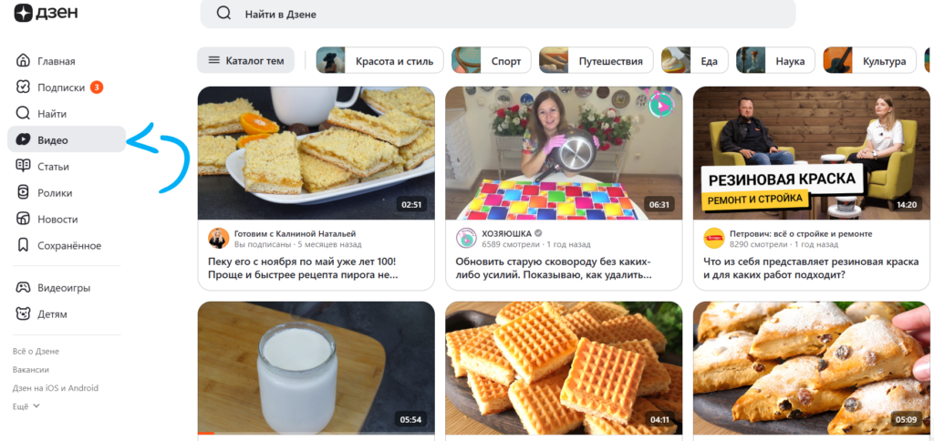 Как выглядит раздел с видео на сайте Дзен