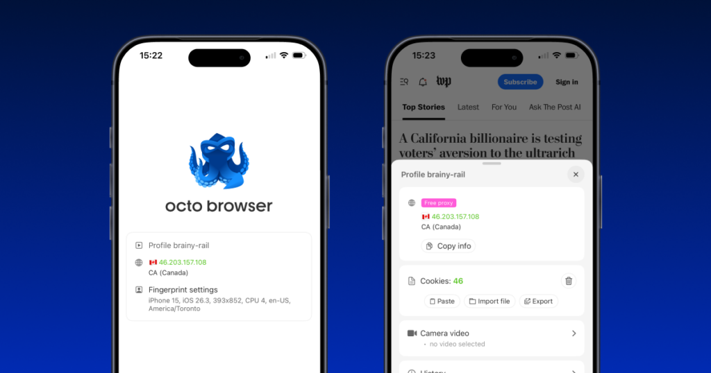 Мобильный антидетект Octo Browser: изолированные Safari-сессии, прокси HTTP/SOCKS5 и подмена видеопотока на iOS