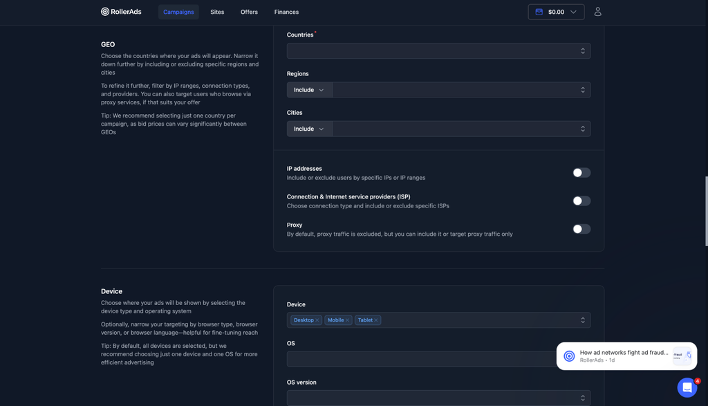 Обзор RollerAds: готовые пресеты трафика, встроенный спай и собственная CPA-сеть